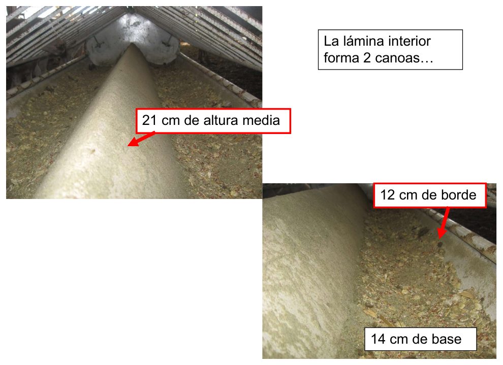 Interior del comedero: la lámina forma dos canoas de 21 cm de altura media