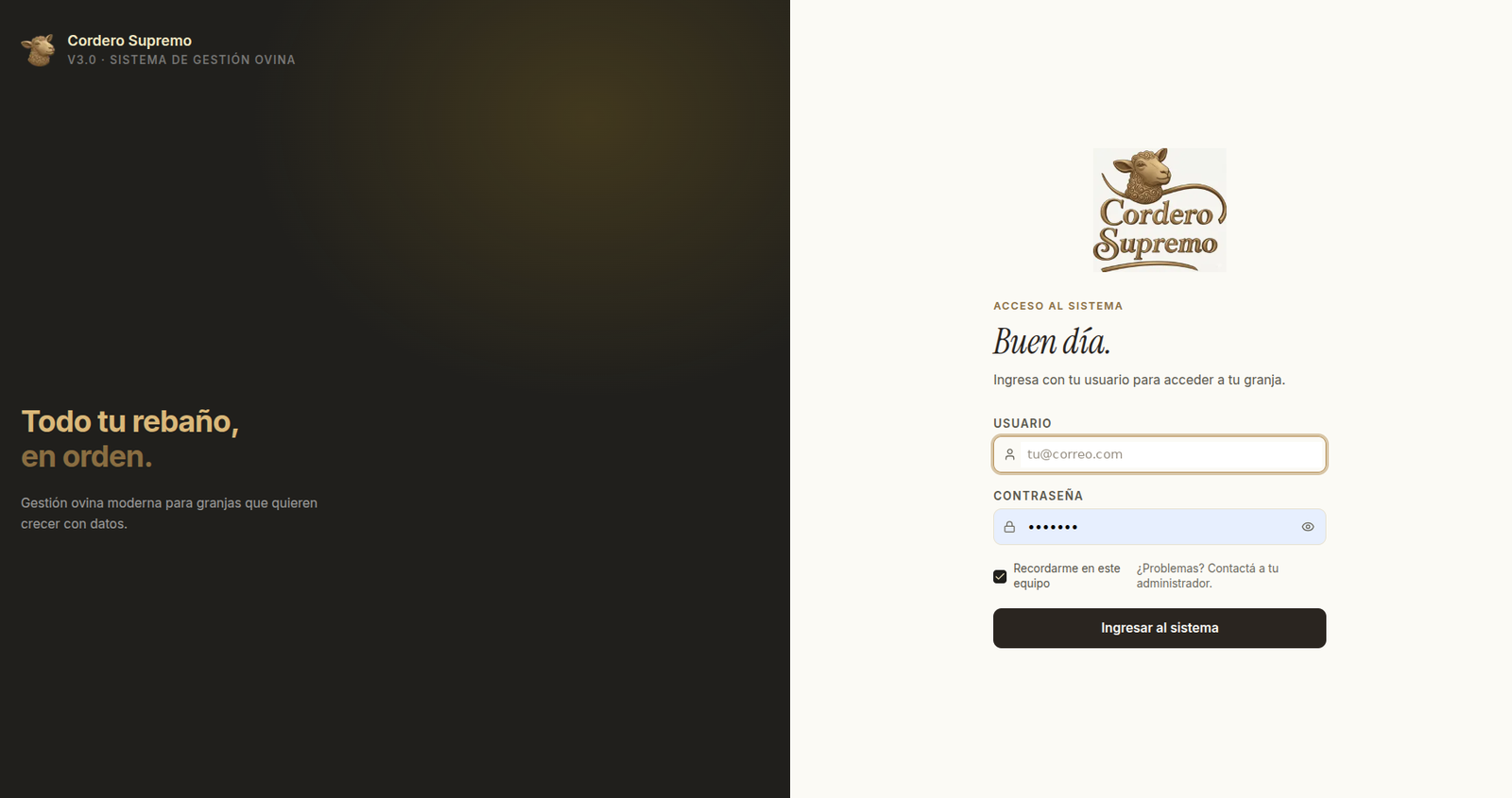 Pantalla de acceso de la app Cordero Supremo: usuario y contraseña, junto al lema Todo tu rebaño, en orden.
